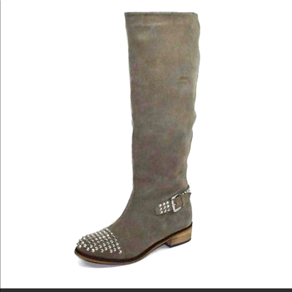 Kelsi Dagger taupe studded knee high suede boots
